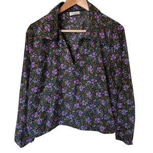Lustre Floral Blouse Women Large Purple Black Excellent 90s Vintage Aesthetic